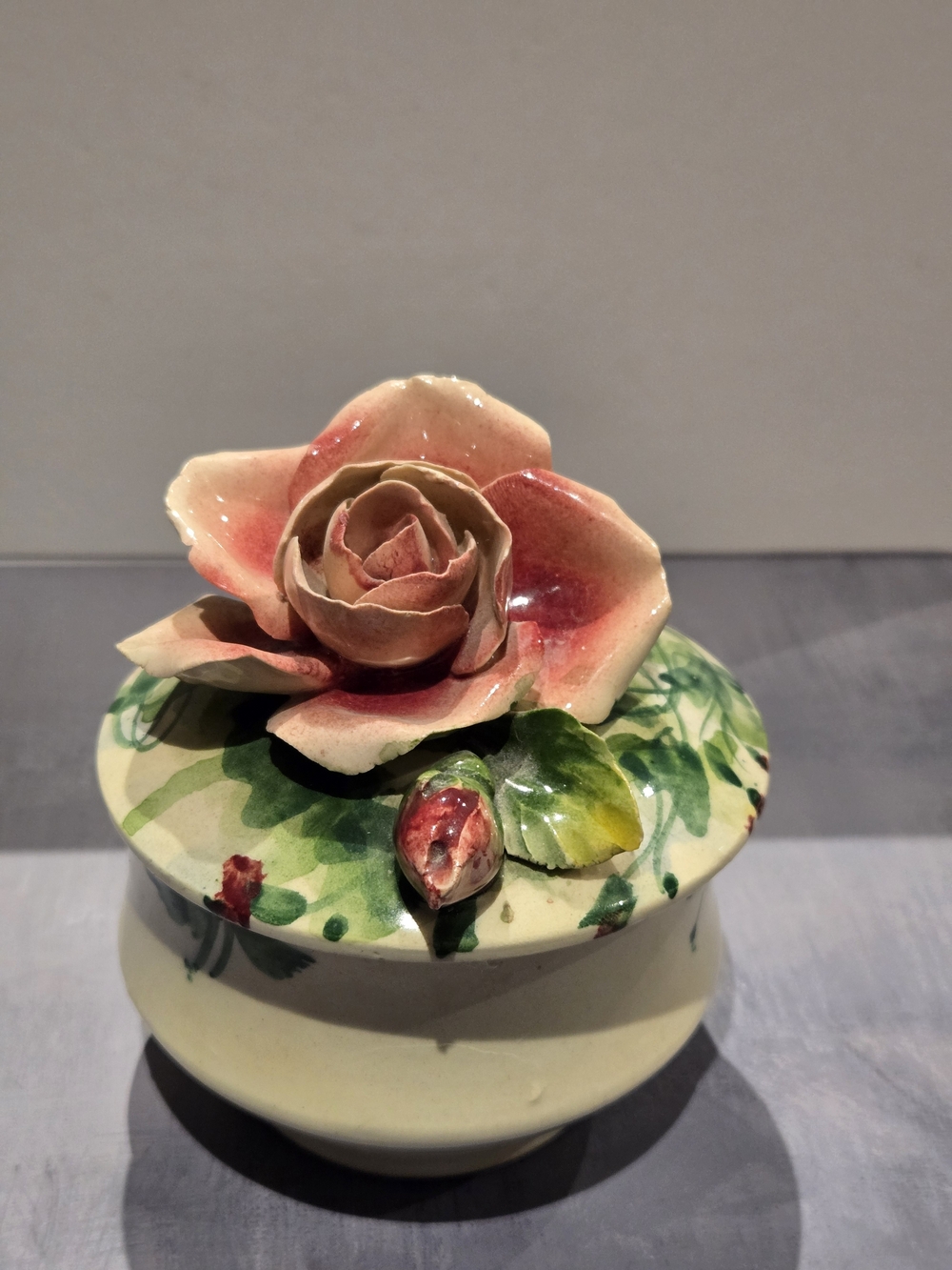 Vintage Italian Ceramic Floral Trinket Box Lidded Dish Hand Painted Rose Italy